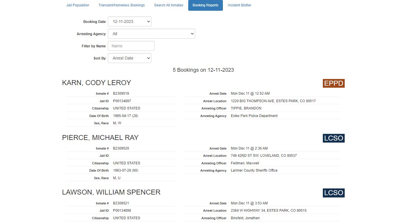 Booking Report - Larimer County Sheriff